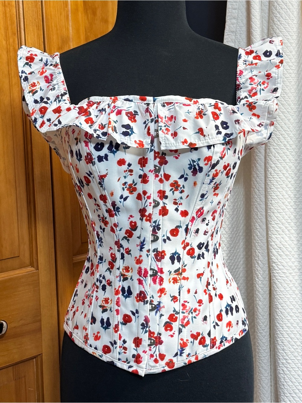 Corset Story Floral Corset Top UK 12 (US Sz 8) Off-Shoulder Ruffle Lace-Up
